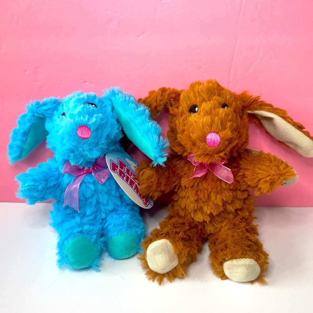 Fuzzy Friends Plush bunnies lot of 2 Brown And Blue 6” Y2K.
